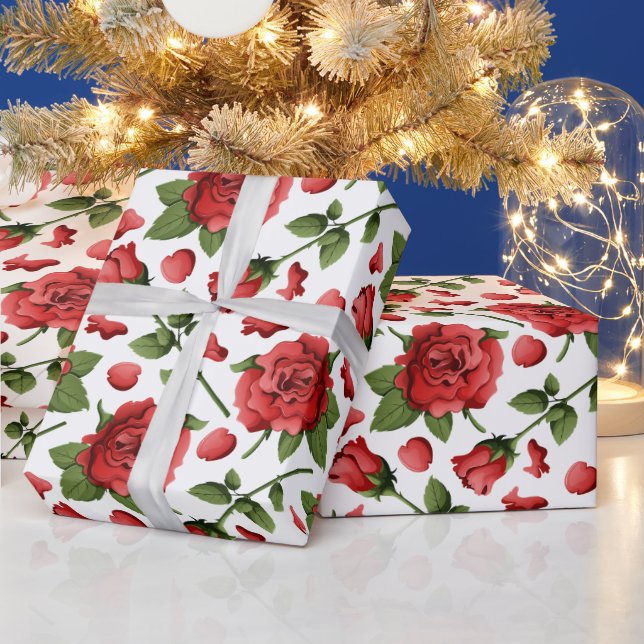 Victorian Red Roses Foliage Botanical Pattern Presentpapper (Helgdagar)