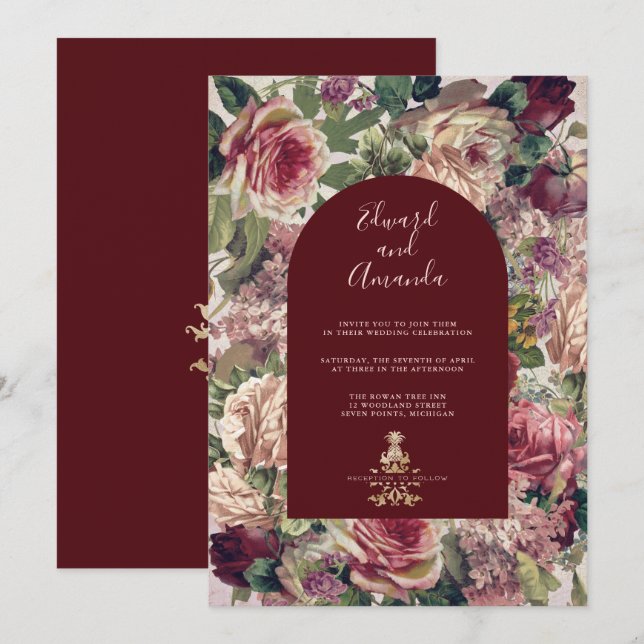 Victorian Ro och Burgundy Arch Inbjudningar (Fram/baksida)