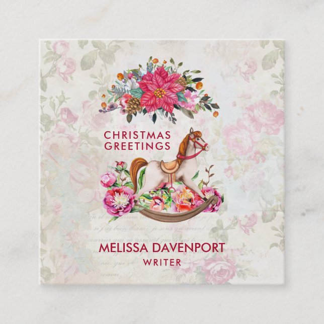 Victorian Rocking Horse & Poinsettia jul Fyrkantigt Visitkort (Framsida)