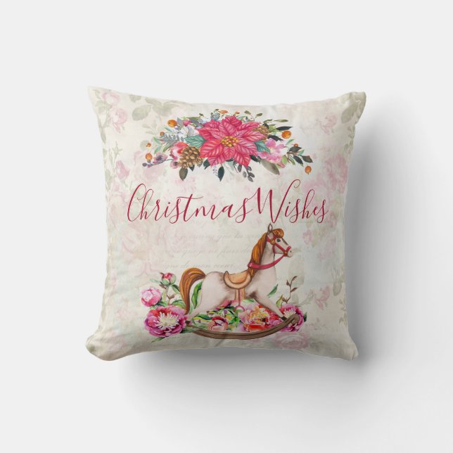 Victorian Rocking Horse & Poinsettia jul Kudde (Framsida)