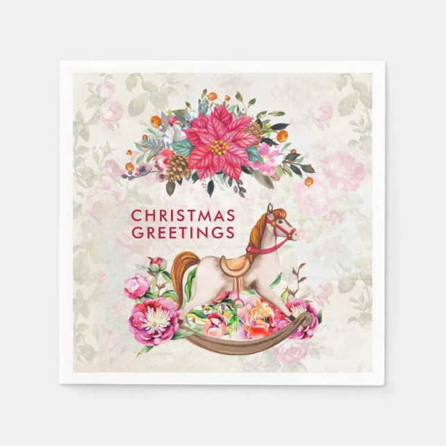 Victorian Rocking Horse & Poinsettia jul Pappersservett (Framsidan)