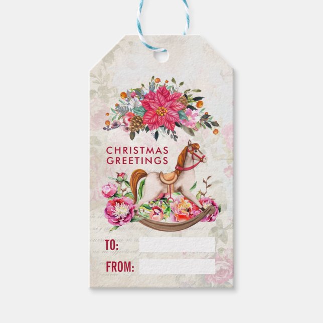 Victorian Rocking Horse & Poinsettia jul Presentetikett (Framsidan)