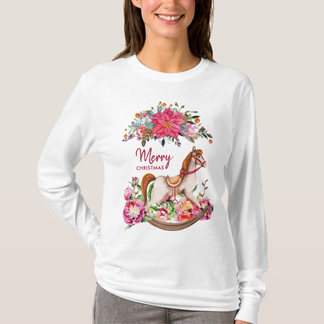 Victorian Rocking Horse & Poinsettia jul T Shirt (Framsida)