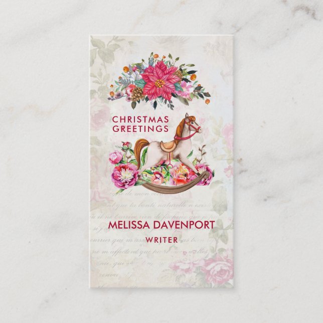 Victorian Rocking Horse & Poinsettia jul Visitkort (Framsida)