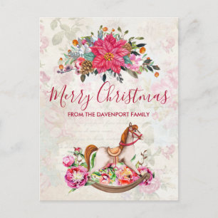 Victorian Rocking Horse & Poinsettia jul Vykort
