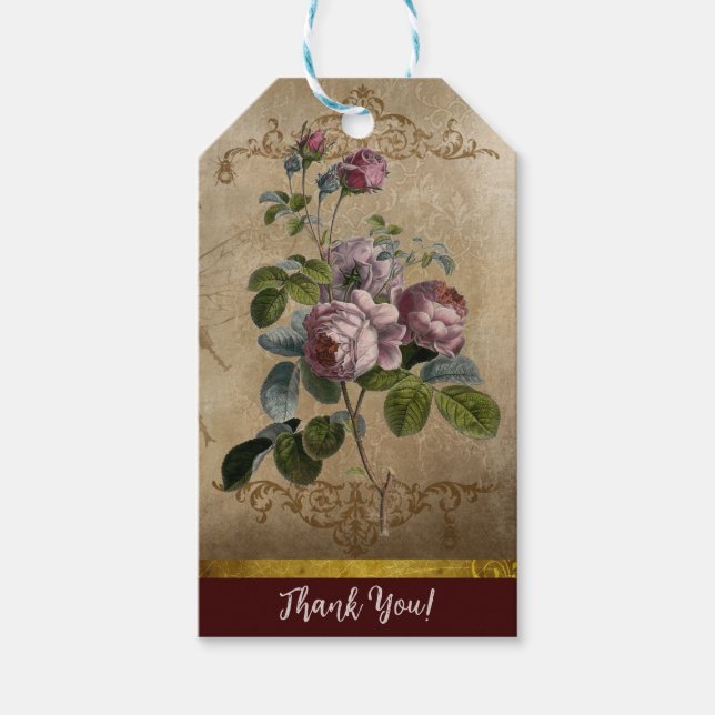 Victorian Röd ros Ephemera Tack Gift Märkre Presentetikett (Framsidan)