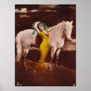 Victorian Romantic Girl with White Stallion Horse Poster