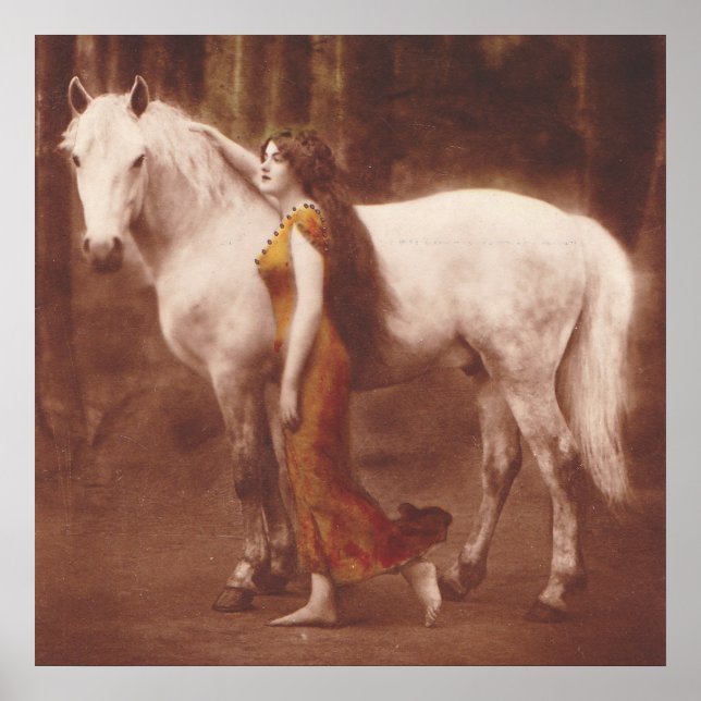 Victorian Romantic Girl with White Stallion Horse Poster (Framsidan)