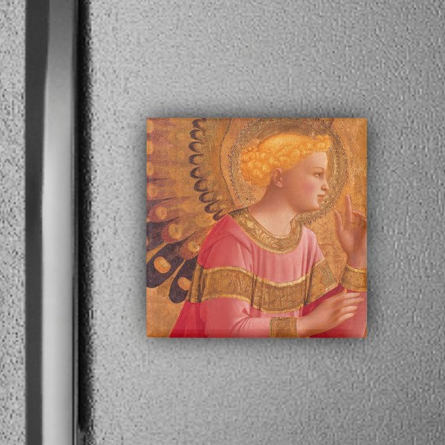 Victorian Rosa Angel Magnet (Christian angel figure pink dress golden halo on frig magnet.)