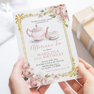 Victorian Rosa Peony Butterfly Birthday Tea Party Inbjudningar