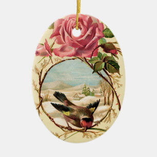 Victorian Rosa ros och Bird Oval Ornament