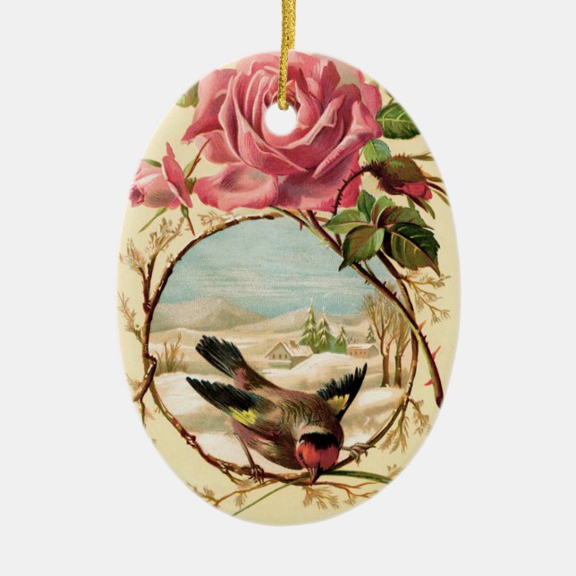 Victorian Rosa ros och Bird Oval Ornament (Framsidan)