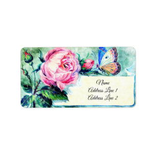 Victorian Rosa ros och Butterfly Adressetikett