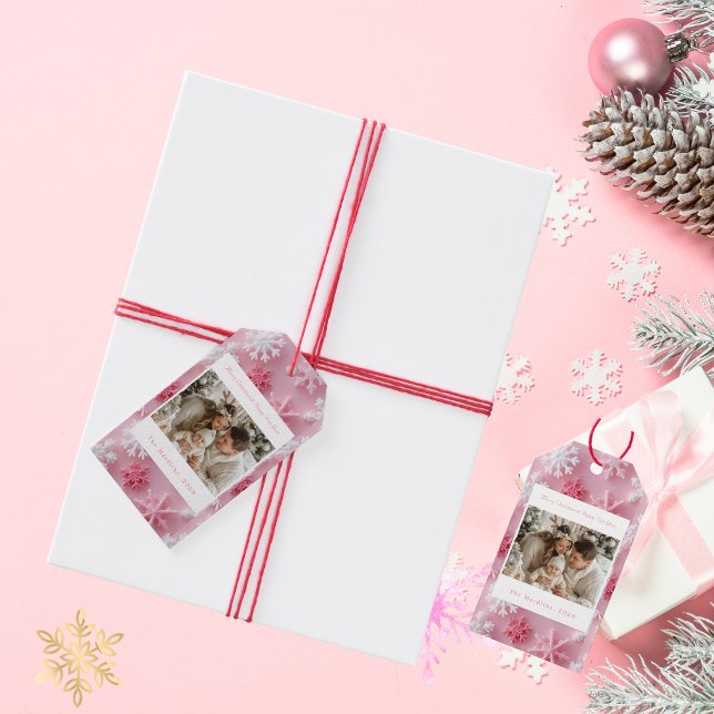 Victorian Rosa Snowflake-julfoto Presentetikett (Pink Snowflake Gift Tags)
