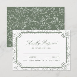 Victorian Sage Green Floral Line Art Wedding OSA Kort