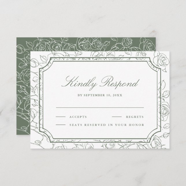 Victorian Sage Green Floral Line Art Wedding OSA Kort (Fram/baksida)