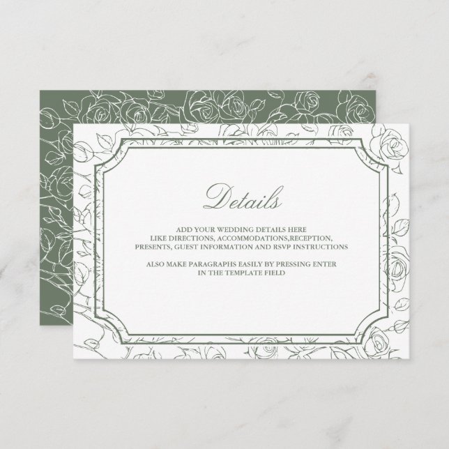 Victorian Sage Green Line Art Wedding Details Tilläggskort (Fram/baksida)