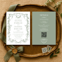 Victorian Sage Grönt All in One Bröllop Monogram Inbjudningar