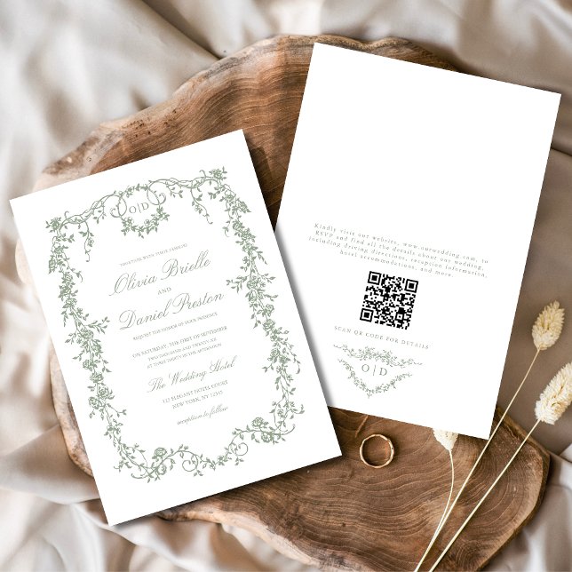 Victorian Sage Grönt QR Code Blommigt Bröllop Inbjudningar (Skapare uppladdad)
