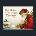 Victorian Santa and Child Helg Vykort<br><div class="desc">Nostalgisk bild av Viktorians röda Jultomten-bärväska från Viktorian-eran från leksak som får ett brev från ett blint barn i blått jacka och hatt.</div>