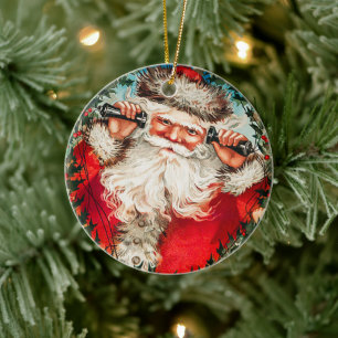 Victorian Santa Claus på telefon med barn Julgransprydnad Keramik