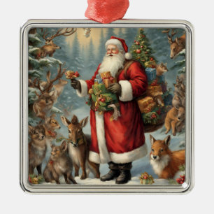 Victorian Santa with Present and Forest Animals Julgransprydnad Metall