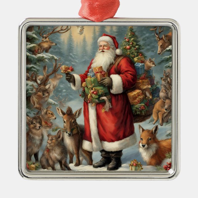 Victorian Santa with Present and Forest Animals Julgransprydnad Metall (Framsidan)