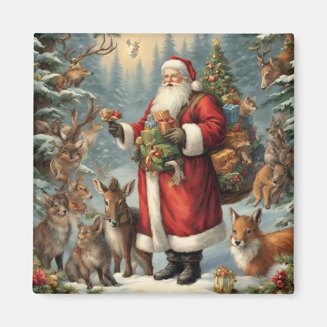 Victorian Santa with Present and Forest Animals Magnet (Framsidan)