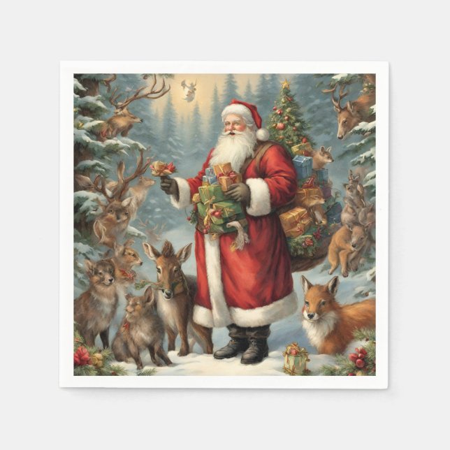 Victorian Santa with Present and Forest Animals Pappersservett (Framsidan)