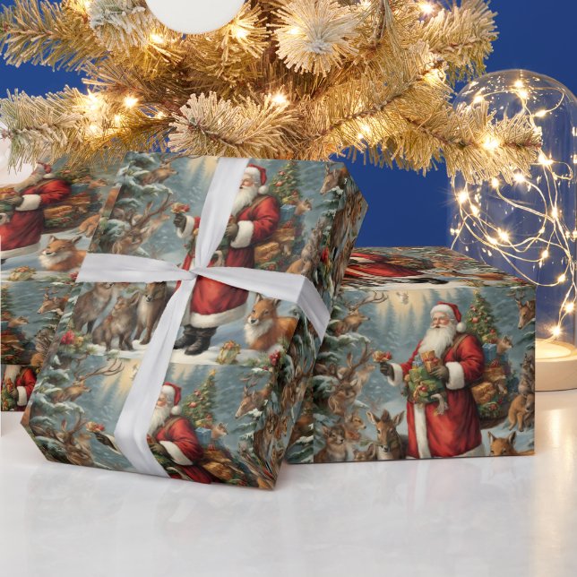 Victorian Santa with Present and Forest Animals Presentpapper (Helgdagar)