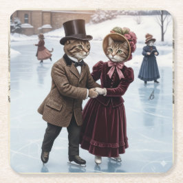Victorian Skating Cats Paper Coaster Underlägg Papper Kvadrat