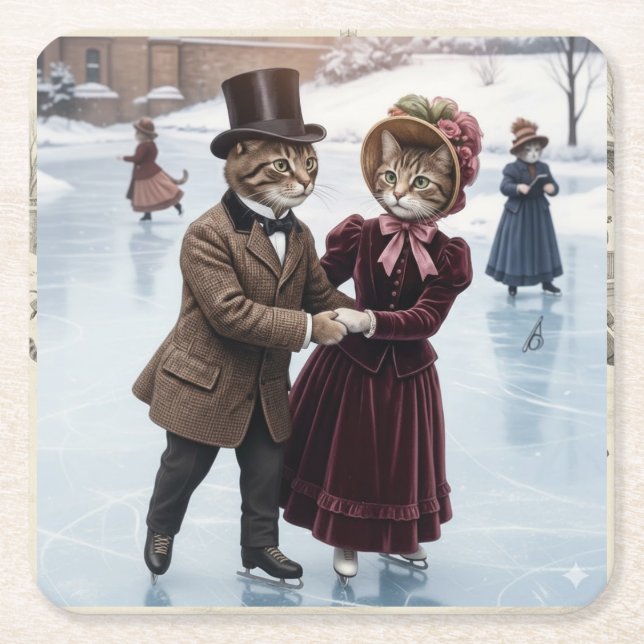 Victorian Skating Cats Paper Coaster Underlägg Papper Kvadrat (Framsidan)