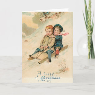 Victorian Sledding Lycklig julhälsningskort Helgkort
