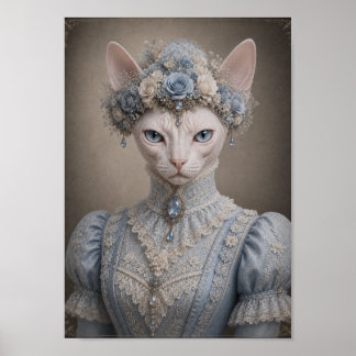 Victorian Sphynx Cat Lady Print, Blue Floral Crown Poster