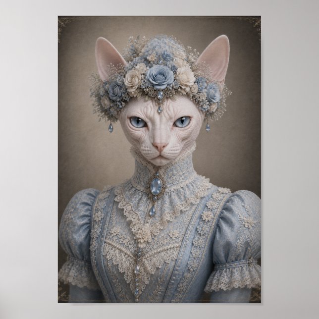Victorian Sphynx Cat Lady Print, Blue Floral Crown Poster (Framsidan)