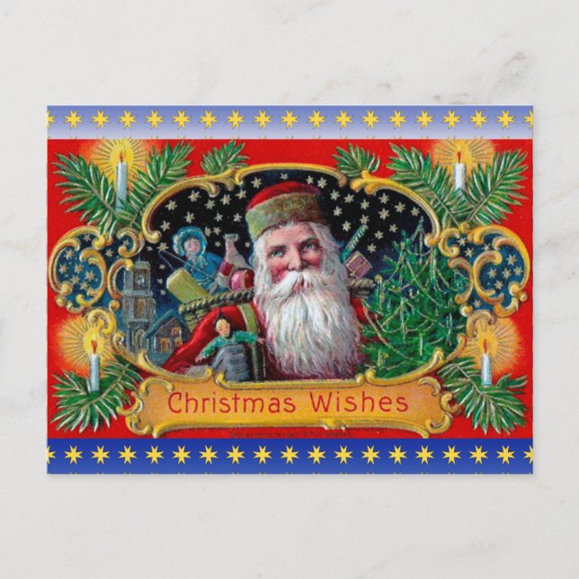 Victorian St. Nick med Guld Stars och Leksak Helg Vykort (Framsida)