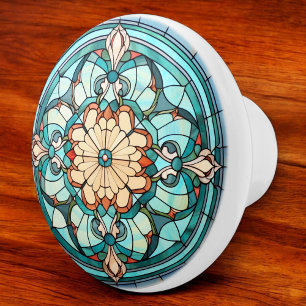 Victorian Stached Glass Mönster Aqua Turcos Knopp
