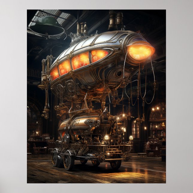 Victorian Steampunk Bibliotek Antique Zeppelin Mod Poster (Framsidan)