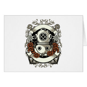 Victorian Steampunk Deep Sea Diver Röd ros Hälsningskort