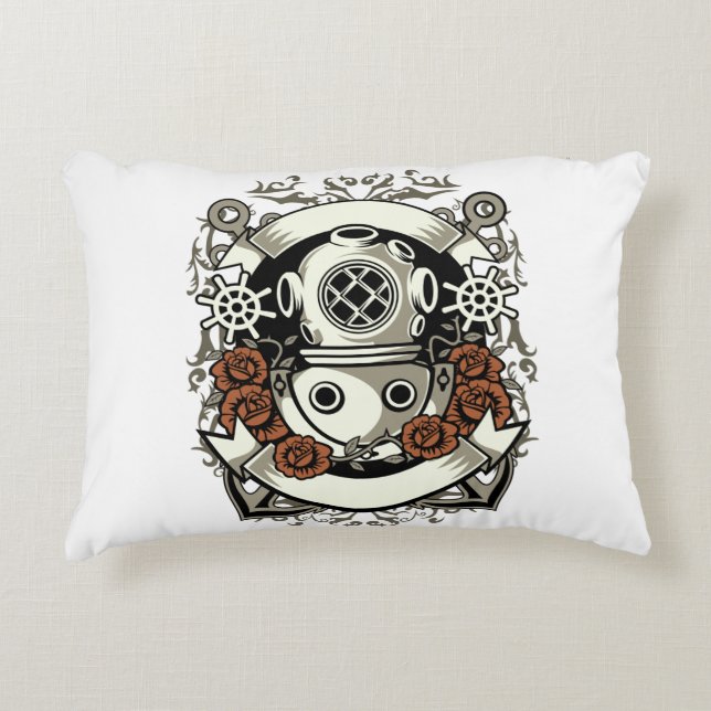 Victorian Steampunk Deep Sea Diver Röd ros Prydnadskudde (Framsidan)