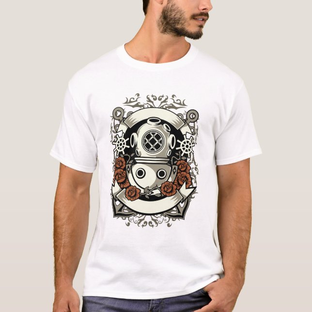 Victorian Steampunk Deep Sea Diver Röd ros Tee Shirt (Framsida)