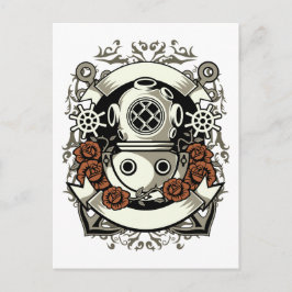 Victorian Steampunk Deep Sea Diver Röd ros Vykort