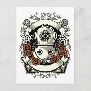 Victorian Steampunk Deep Sea Diver Röd ros Vykort