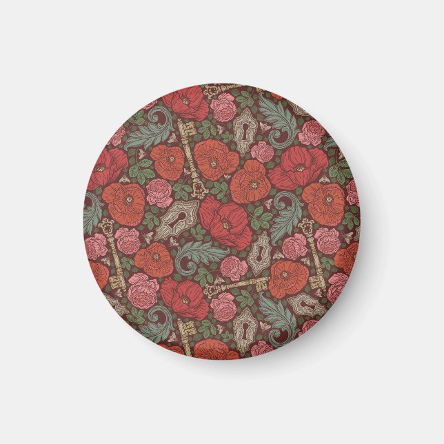 Victorian Steampunk gammal låsnyckel röda vallmo Magnet (Framsidan)