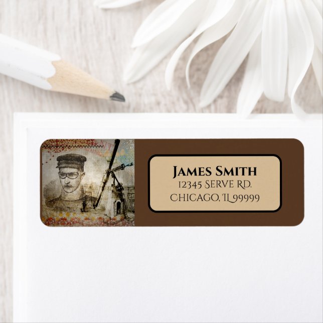 Victorian Steampunk Inventor Scientist Telescope Returadress Etikett (Insitu)