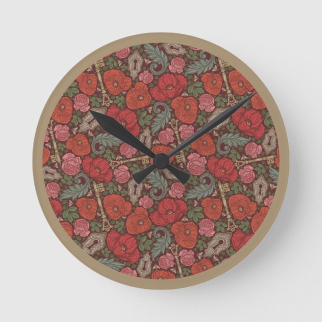 Victorian Steampunk Old Lock Key Red Poppies Rund Klocka (Framsida)