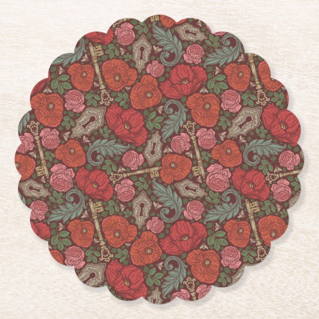 Victorian Steampunk Old Lock Nyckel Red Poppies Underlägg Papper (Framsida)