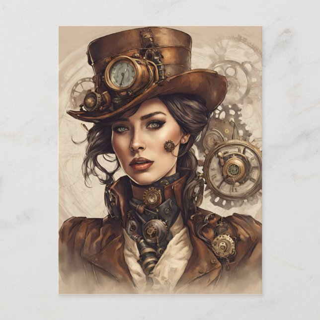 Victorian Steampunk Porträtt från en kvinna Vykort (Framsida)