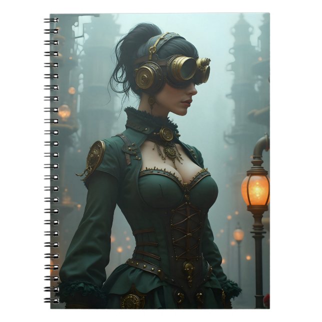 Victorian Steampunk Woman i Grönt Anteckningsbok (Framsidan)
