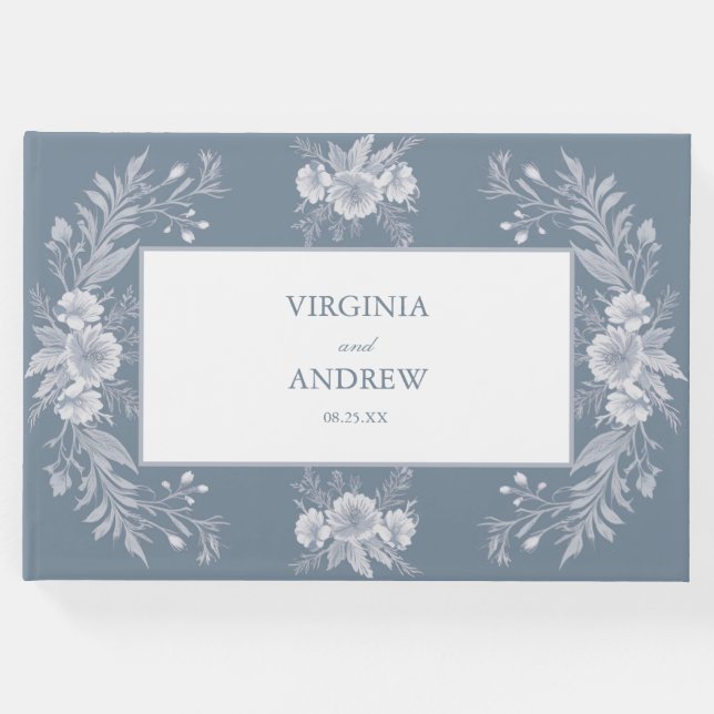 Victorian-stil Bröllop in Blue med White Flowers Gästböcker (Framsida)